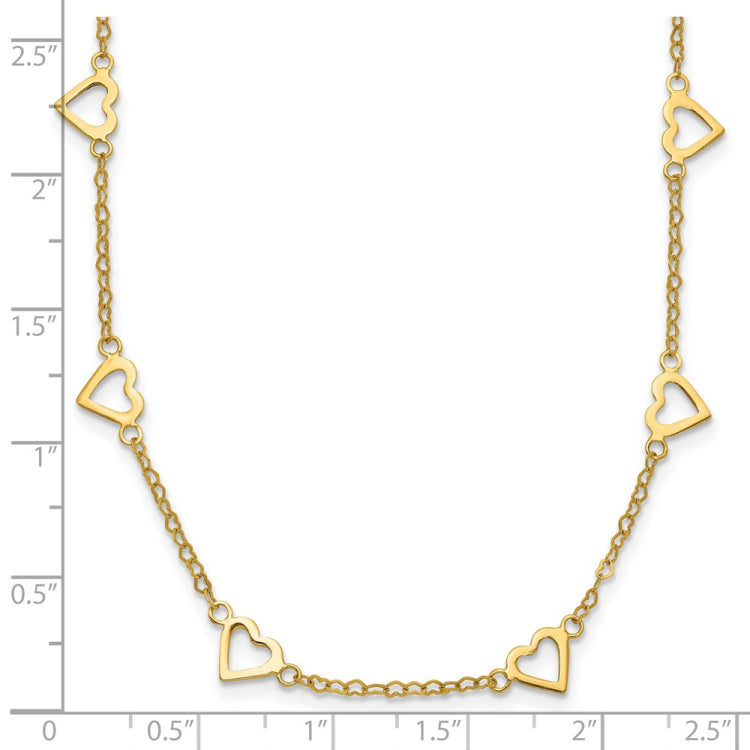 14k Polished Open Hearts with Heart Link Chain 18 inch Station Necklace
