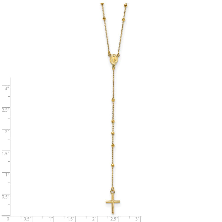14k Polished Cross and Miraculous Medal Beaded 24 inch Rosary Necklace