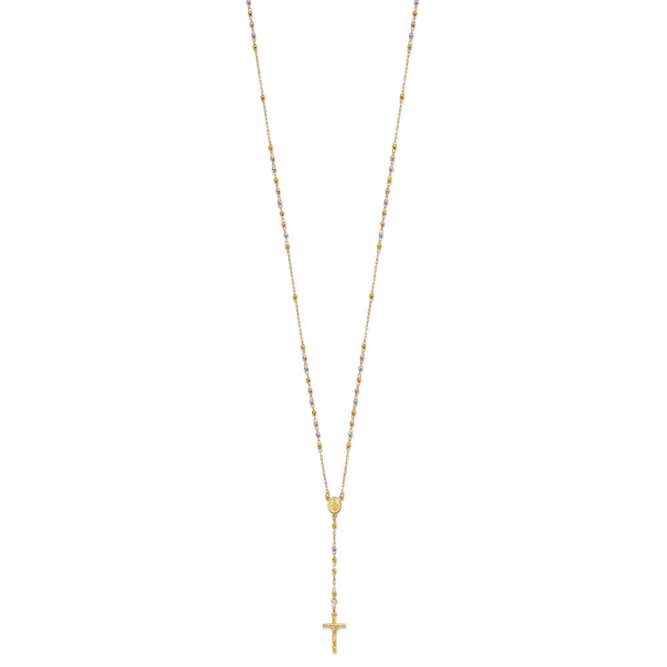 14K Tri-color Polished Crucifix and Miraculous Medal with Faceted Beads 24 inch Rosary Necklace