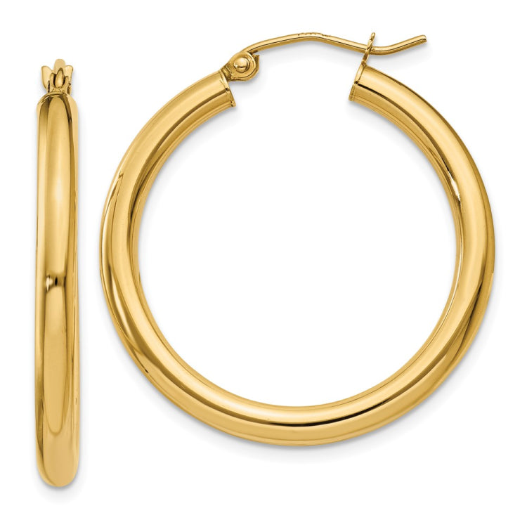 14K 3x30mm Polished Tube Hoop Earrings