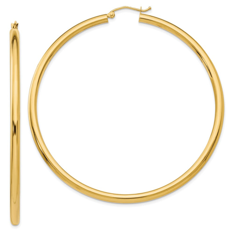 14K 3x65mm Polished Tube Hoop Earrings
