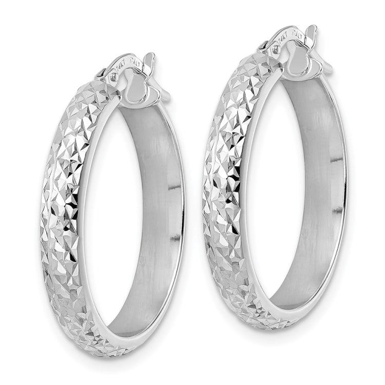 14K White Gold 4x24mm Diamond-cut Tube Hoop Earrings