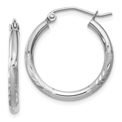 14k White Gold 2x20mm Satin Diamond-cut Round Tube Hoop Earrings