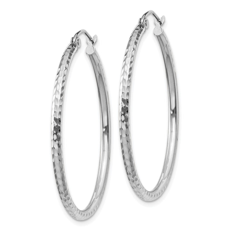14k White Gold 2x35mm Diamond-cut Round Tube Hoop Earrings
