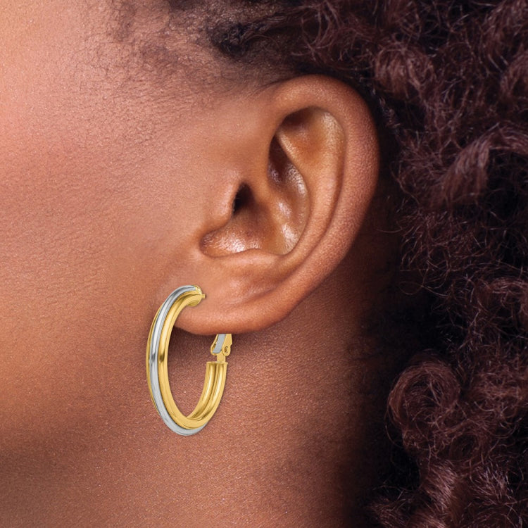 14K Two-tone 4x28mm Polished Omega Back Tube Hoop Earrings