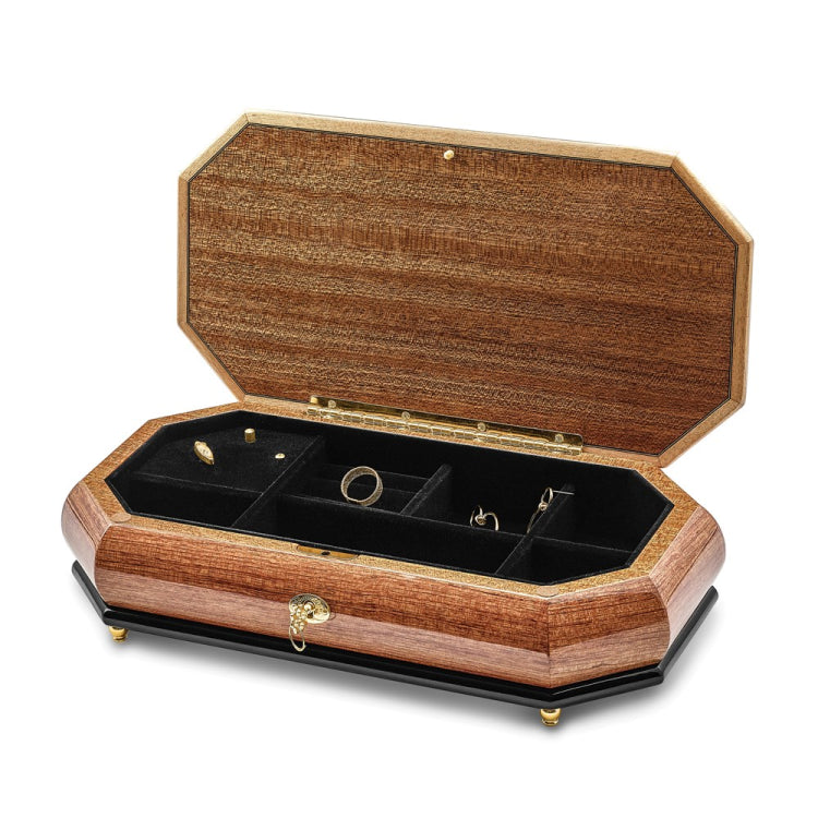 Luxury Giftware by Jere Bubinga Veneer with Black and Mother of Pearl Inlay Octagonal Locking Wooden (Plays Greensleeves) Music Box with Velveteen Lining