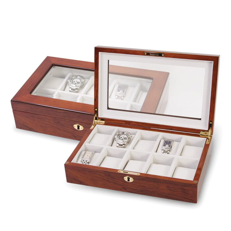 Luxury Giftware by Jere High Gloss Rosewood Finish Veneer Beveled Glass Lid Locking Wooden 10-Watch Case