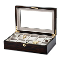 Luxury Giftware by Jere High Gloss Ebony Finish Veneer Beveled Glass Lid Locking Wooden 10-Watch Case