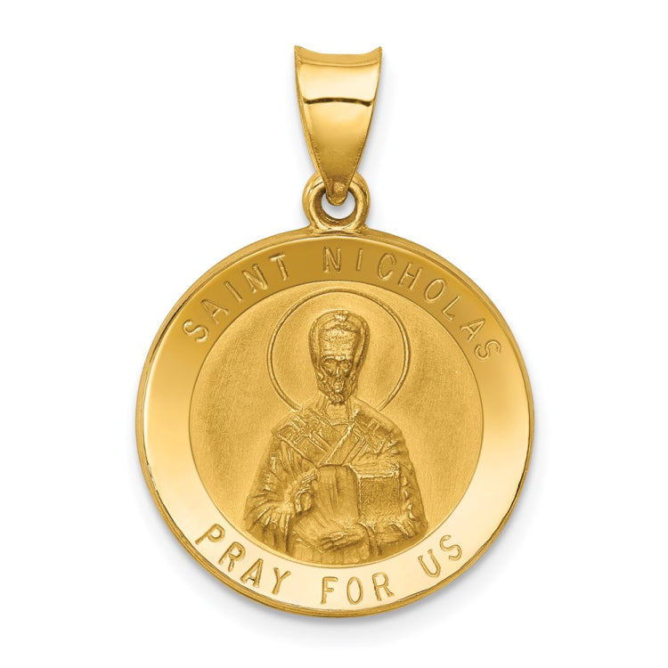 14k Polished and Satin Hollow St Nicholas Medal Round Pendant