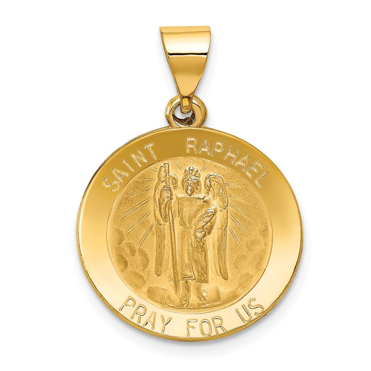 14k Polished and Satin Hollow St Raphael Medal Round Pendant