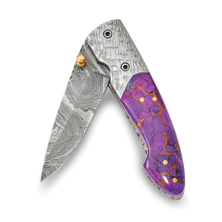 Luxury Giftware Damascus Steel 256 Layer Purple Stone Handle Folding Blade Knife with Leather Sheath and Wooden Gift Box