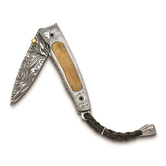 Luxury Giftware Limited Edition Damascus Steel 256 Layer Woolly Mammoth Tusk Ivory Inlay with Bird Engraved Handle Folding Knife with Leather Sheath and Wooden Gift Box