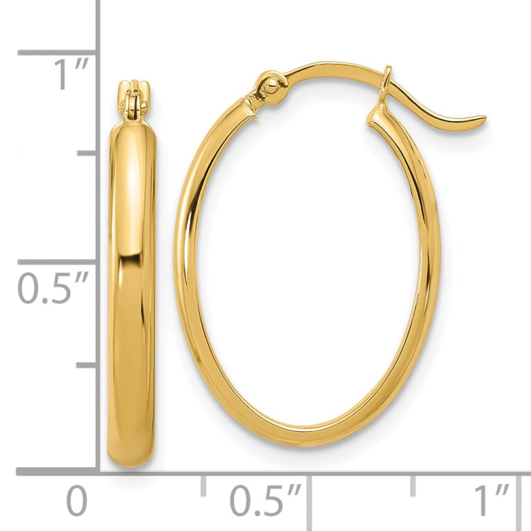 14K 3x23mm Oval Tube Hoop Earrings