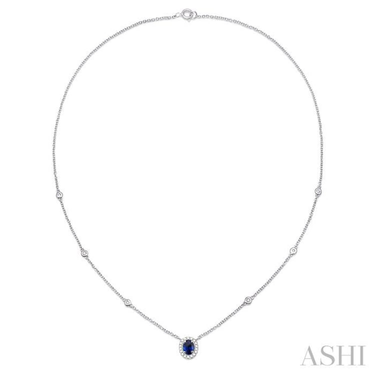 6x4 MM Oval Cut Sapphire and 1/6 ctw Round Cut Diamond Necklace in 14K White Gold