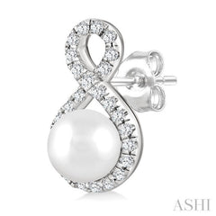 5 MM Cultured Pearls and 1/5 Ctw Single Cut Diamond Petite Earrings 10K White Gold