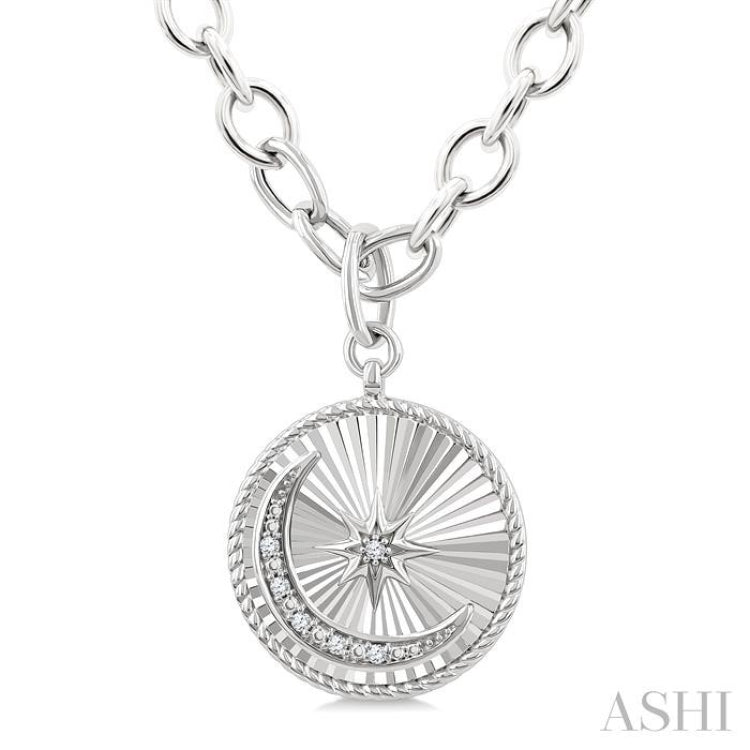1/20 Ctw Circle Fluted Medallion Single Cut Diamond Moon & Star Fashion Pendant With Chain in Sterling Silver