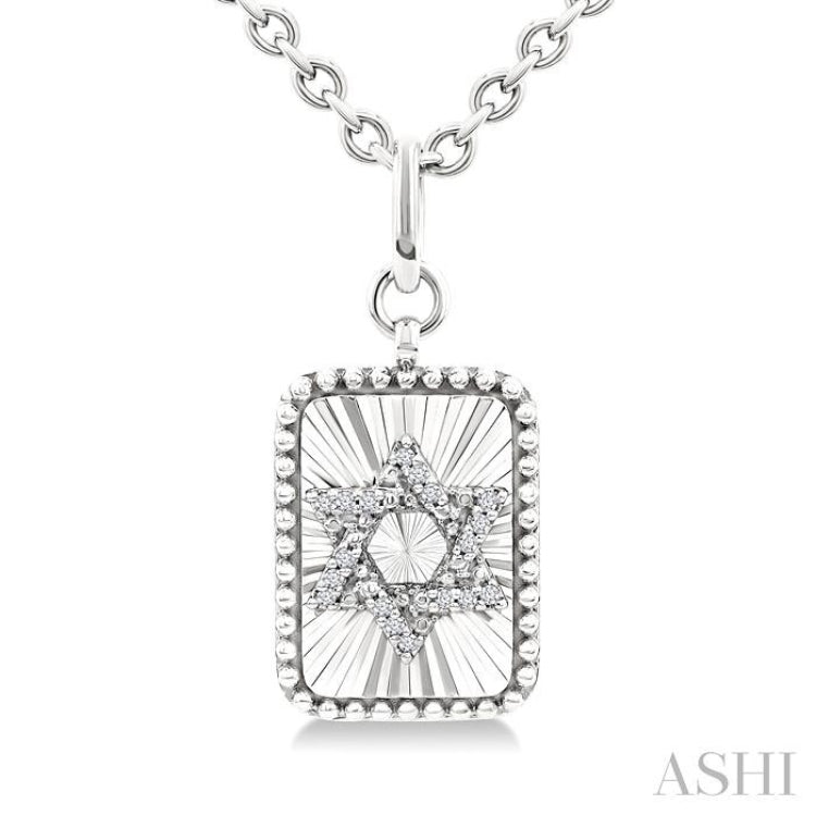 1/10 Ctw Rectangle Fluted Medallion Single Cut Diamond Star of David Pendant With Chain in Sterling Silver