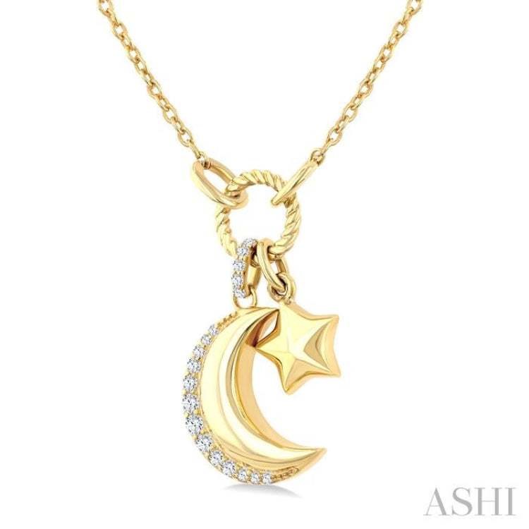 1/8 Ctw Crescent Moon & Star Charm Round Cut Diamond Fashion Pendant With Chain in 10K Yellow Gold