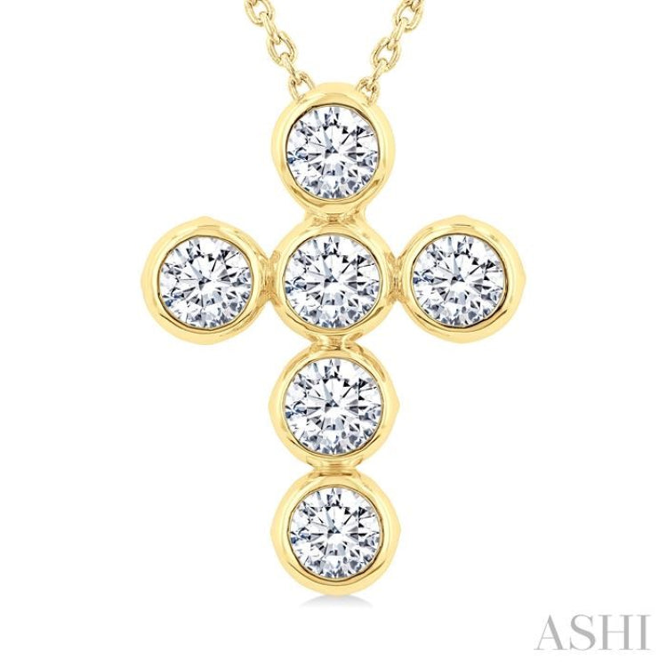 1 1/2 Ctw Round Cut Diamond 6-Stone Bezel Set Cross Pendant With Chain in 14K Yellow Gold