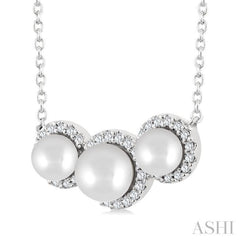 5MM & 4MM Cultured Pearl and 1/6 Ctw Round Cut Diamond Halo Pendant With Chain in 14K White Gold