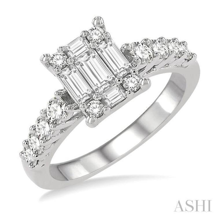 1 Ctw Fusion Baguette and Round Cut Diamond Engagement Ring in 14K White Gold