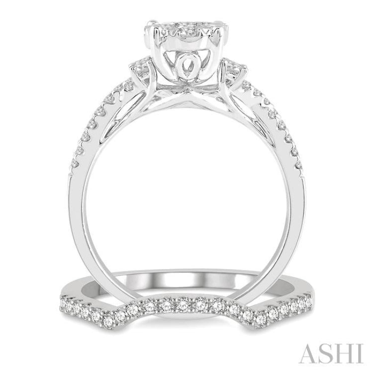 7/8 Ctw Lovebright Round Cut Diamond Wedding Set With 3/4 Ctw Criss-Cross Shank Engagement Ring and 1/6 Ctw Arched Wedding Band in 14K White Gold