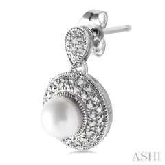 6x6 MM Cultured Pearls and 1/20 Ctw Round Cut Diamond Earrings in Sterling Silver