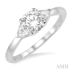 3/4 Ctw Round and Triangle Cut Diamond Ladies Engagement Ring with 1/2 Ct Round Cut Center Stone in 14K White Gold