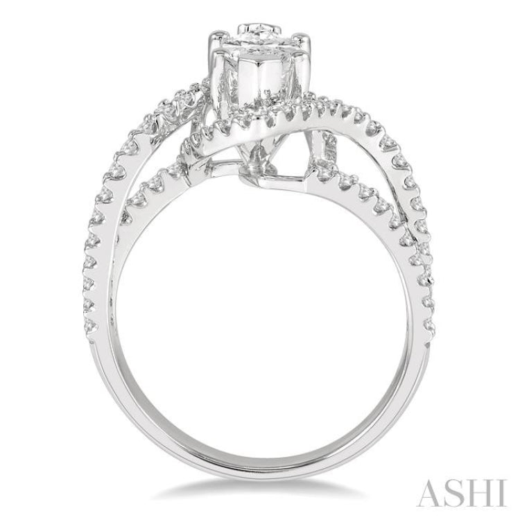5/8 Ctw Marquise Shape Split Bypass Shank Round Cut Diamond Semi-Mount Engagement Ring in 14K White Gold