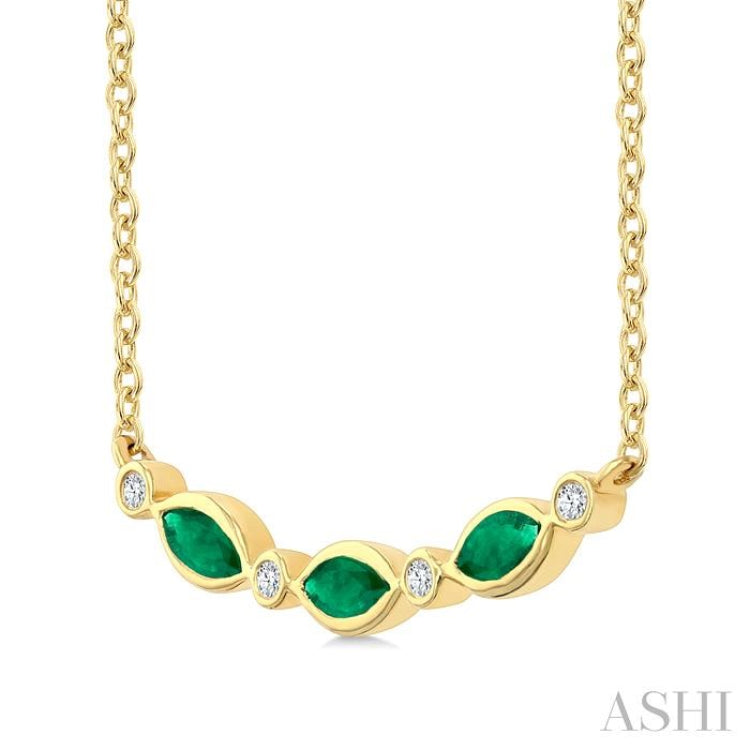 4X2 MM Marquise Shape Emerald and 1/50 Ctw Round Cut Diamond Precious Bar Necklace in 10K Yellow Gold