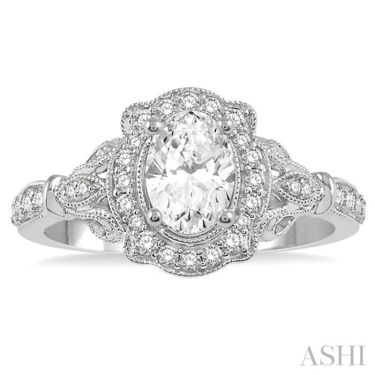 1/3 Ctw Lattice Oval Shape Semi-Mount Round Cut Diamond Engagement Ring in 14K White Gold