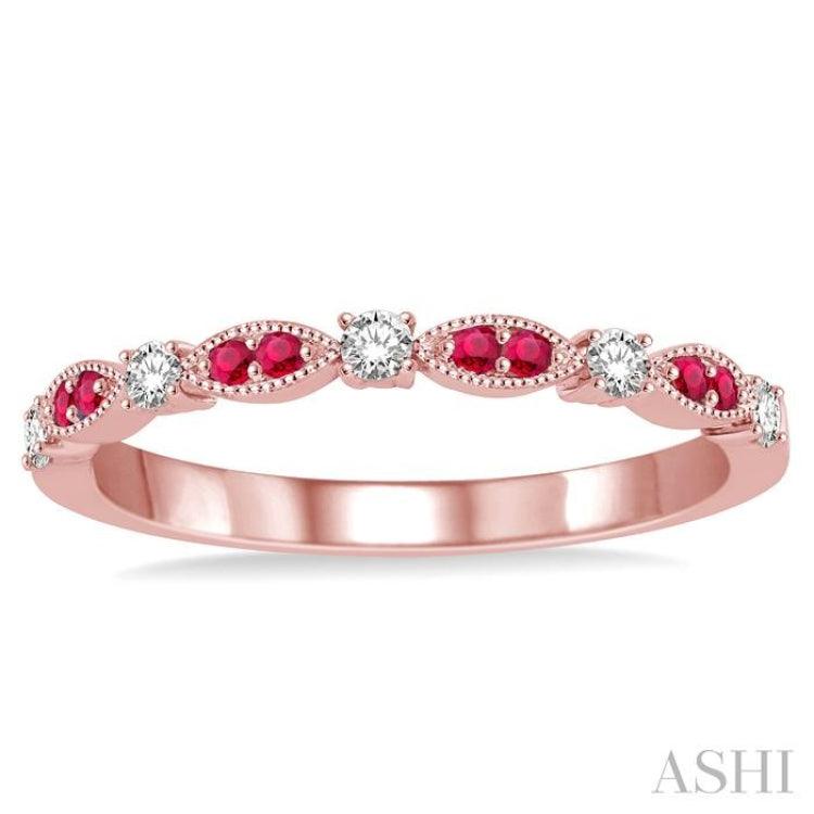 1.35 MM Ruby and 1/6 Ctw Round Cut Diamond Precious Stone Wedding Band in 14K Rose Gold
