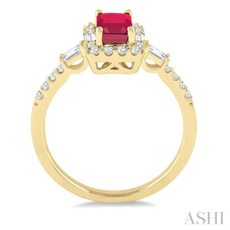 6x4 MM Octagon Cut Ruby and 1/2 Ctw Round Cut Diamond Precious Ring in 14K Yellow Gold