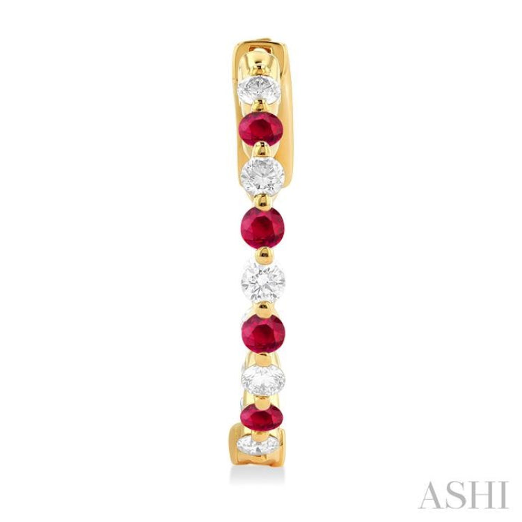 2 MM Round Cut Ruby and 1/2 Ctw Round Cut Diamond Precious Inside-Out Alternating Hoop Earrings in 14K Yellow Gold