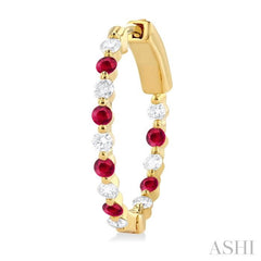 2 MM Round Cut Ruby and 1/2 Ctw Round Cut Diamond Precious Inside-Out Alternating Hoop Earrings in 14K Yellow Gold