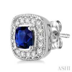 4x4 MM Cushion Shape Sapphire and 1/5 Ctw Round Cut Diamond Earrings in 14K White Gold