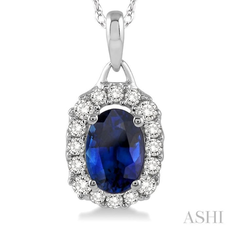 6x4 MM Oval Cut Sapphire and 1/6 Ctw Round Cut Diamond Precious Pendant in 14K White Gold with Chain