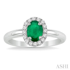 6x4 MM Oval Shape Emerald and 1/6 Ctw Round Cut Diamond Precious Ring in 14K White Gold