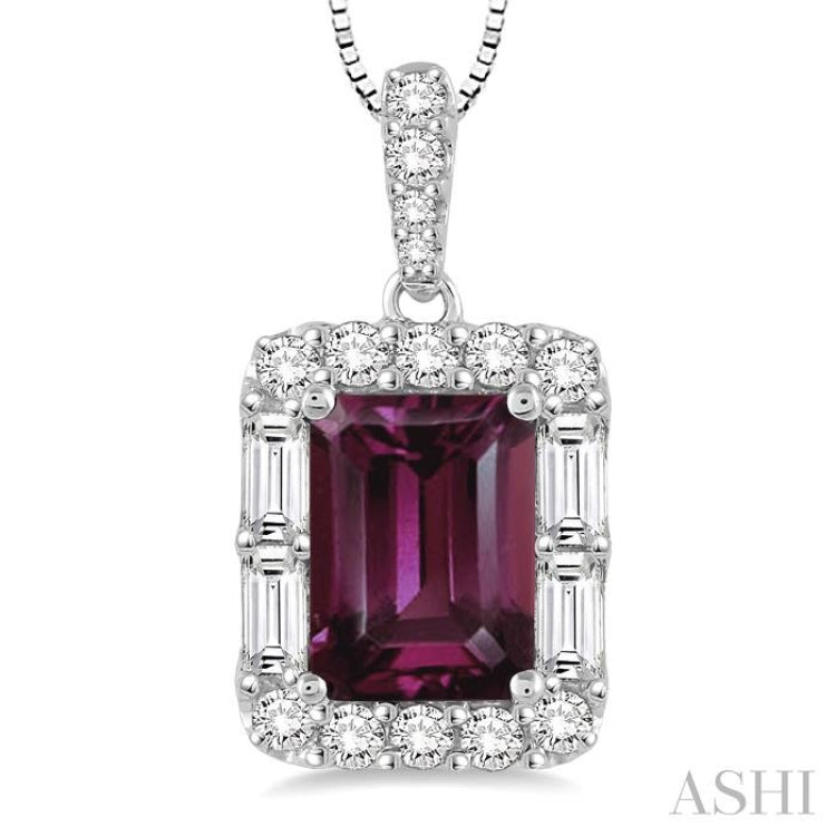 7x5 MM Emerald Cut Rhodolite Garnet and 1/3 Ctw Diamond Semi-Precious Pendant in 14K White Gold with Chain
