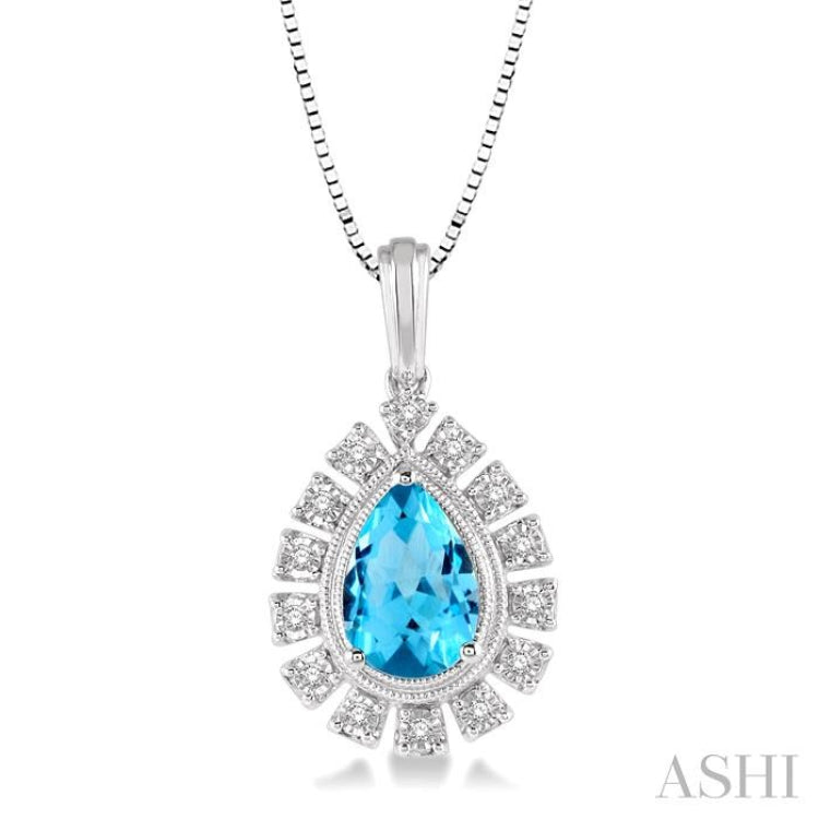9x6 MM Pear Shape Blue Topaz and 1/10 Ctw Round Cut Diamond Semi-Precious Pendant With Chain in 10K White Gold