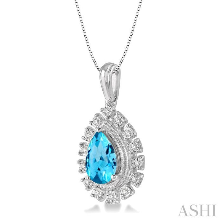 9x6 MM Pear Shape Blue Topaz and 1/10 Ctw Round Cut Diamond Semi-Precious Pendant With Chain in 10K White Gold