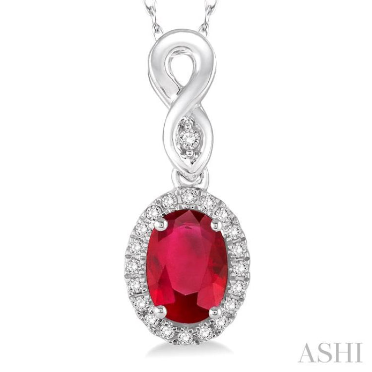 6x4 MM Oval Cut Ruby and 1/10 Ctw Round Cut Diamond Pendant in 14K White Gold with Chain