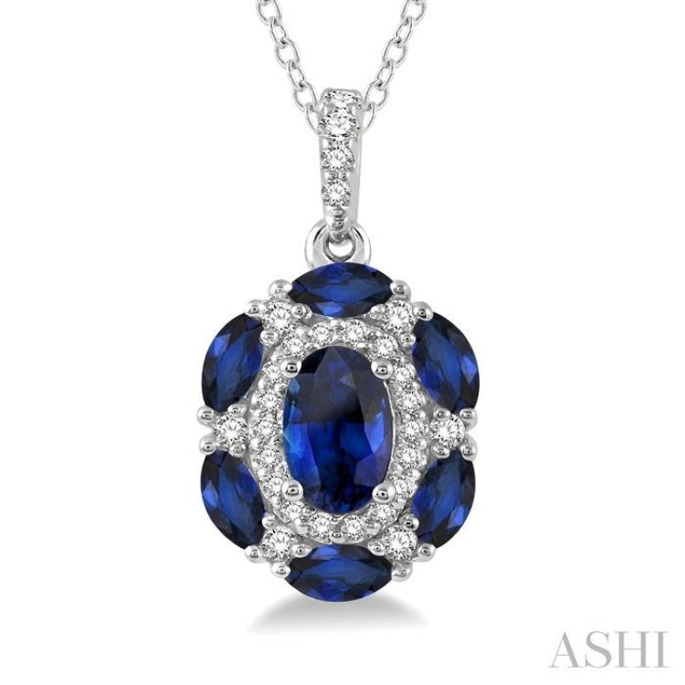 6x4 MM Oval Cut & 4x2 MM Marquise Cut Sapphire and 1/6 Ctw Round Cut Diamond Precious Pendant With Chain in 14K White Gold
