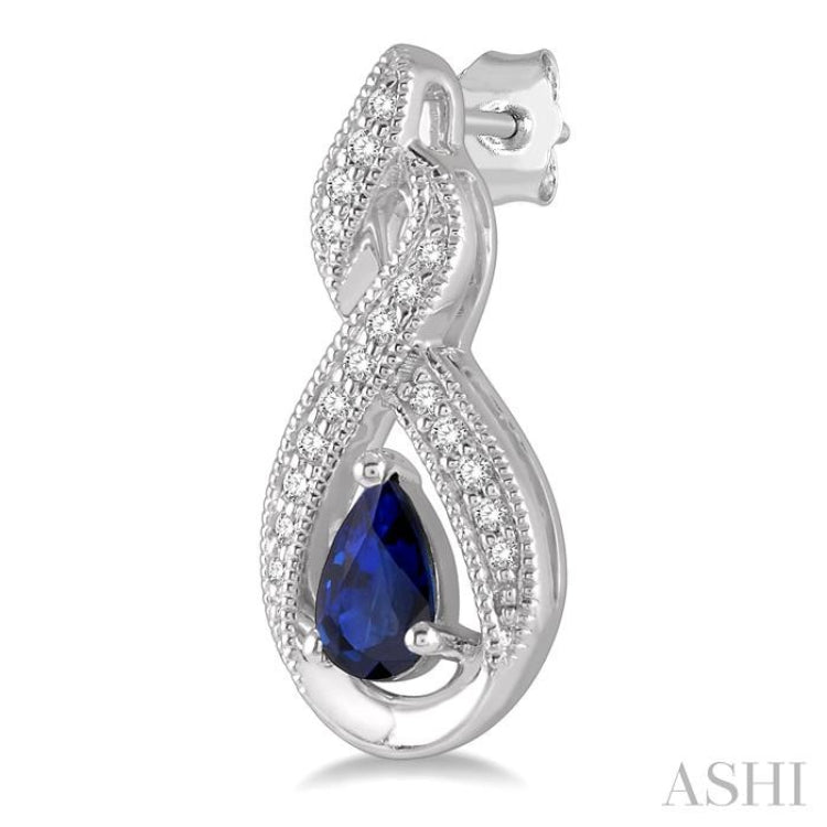 5x3 MM Pear Shape Sapphire and 1/8 Ctw Entwined Round Cut Diamond Precious Earring in 10K White Gold