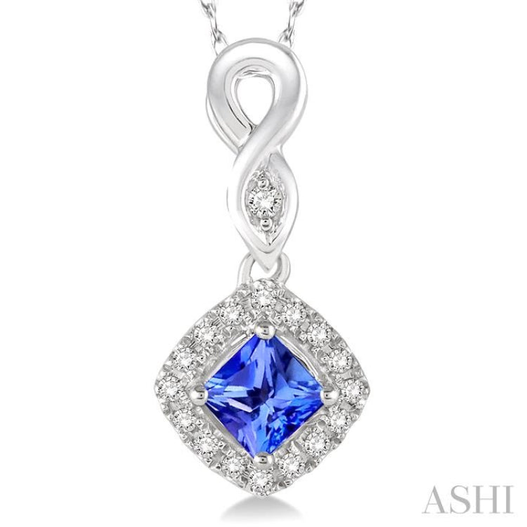 4x4 MM Cushion Shape Tanzanite and 1/10 Ctw Round Cut Diamond Pendant in 10K White Gold with Chain