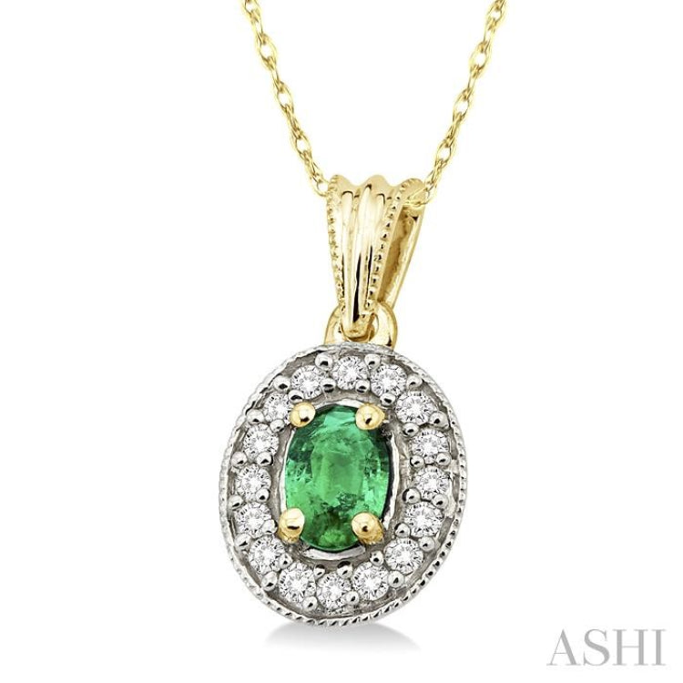 6x4 MM Oval Cut Emerald and 1/5 Ctw Round Cut Diamond Pendant in 14K Yellow Gold with Chain