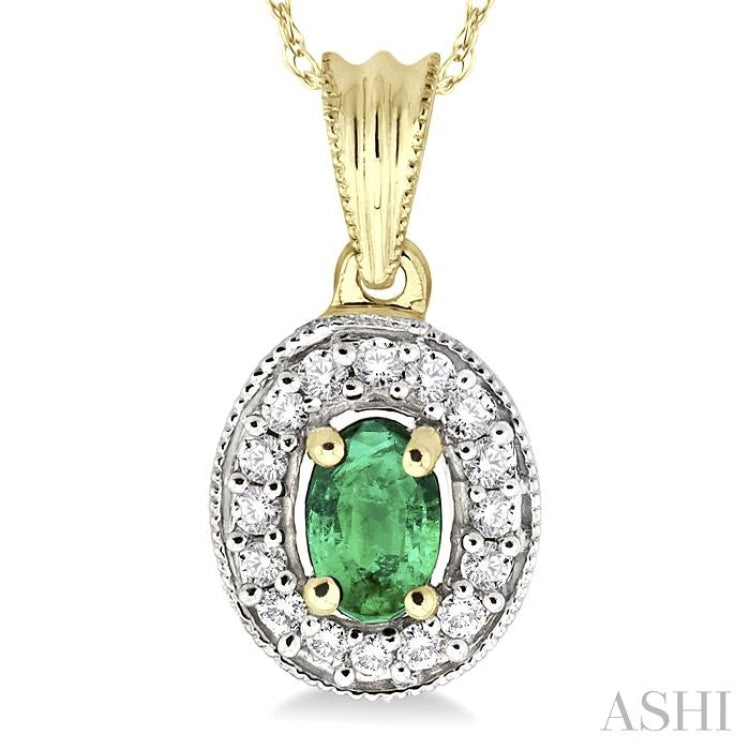 6x4 MM Oval Cut Emerald and 1/5 Ctw Round Cut Diamond Pendant in 14K Yellow Gold with Chain