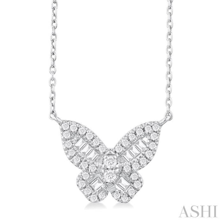 1/3 Ctw Petite Butterfly Baguette and Round Cut Diamond Fashion Pendant With Chain in 10K White Gold