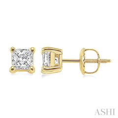 1 Ctw Princess Cut Diamond Stud Earrings in 14K Yellow Gold