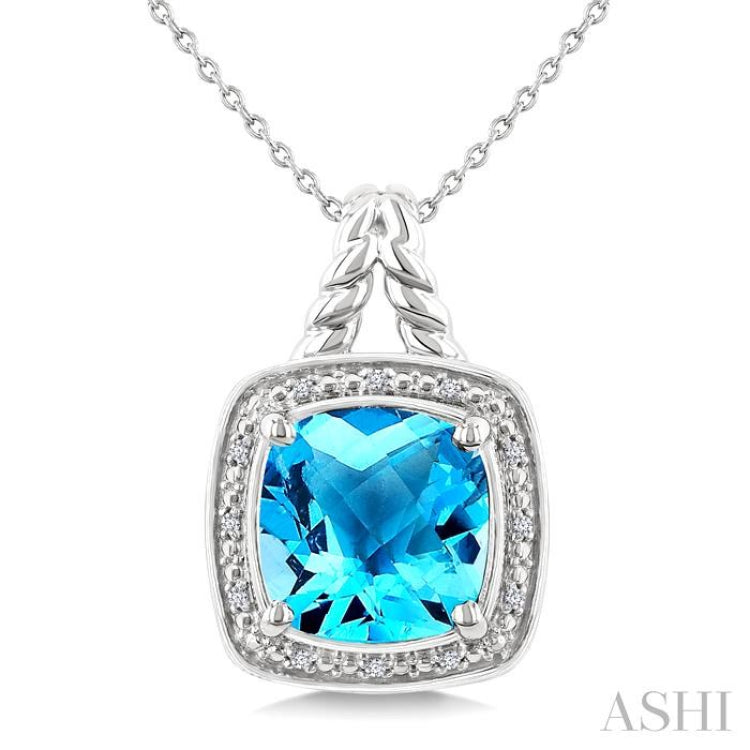 10 MM Cushion Shape Blue Topaz and 1/20 Ctw Single Cut Diamond Semi-precious Pendant With Chain in Sterling Silver